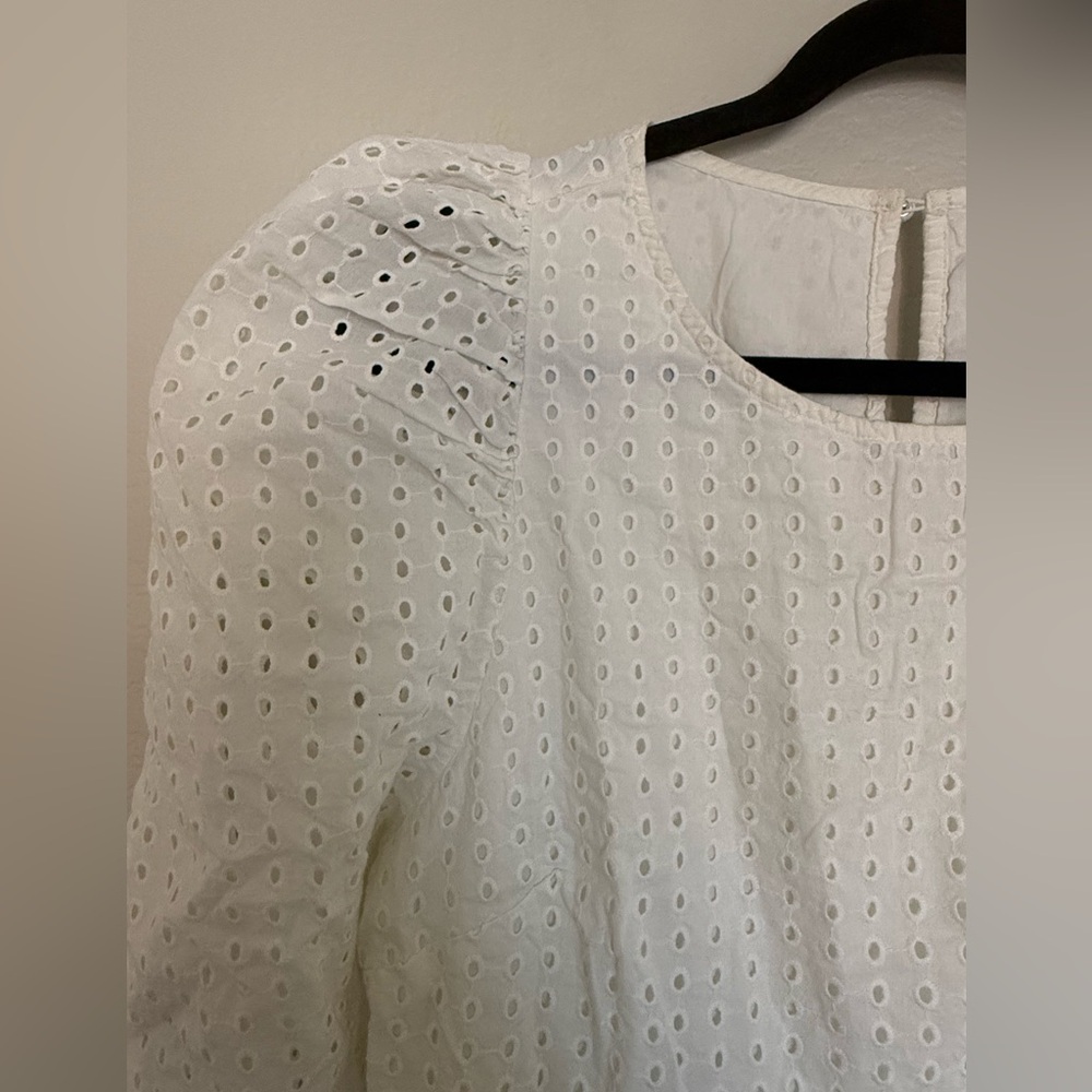 A New Day White Eyelet Midi Dress 100% Cotton Puff Sleeve Pockets LWD Bride L - Picture 9 of 11
